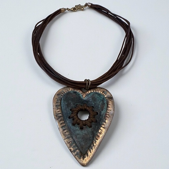 Handmade Jewelry - Vintage Handmade Artisan Boho Heart Pendant Necklace in Bronze and Teal